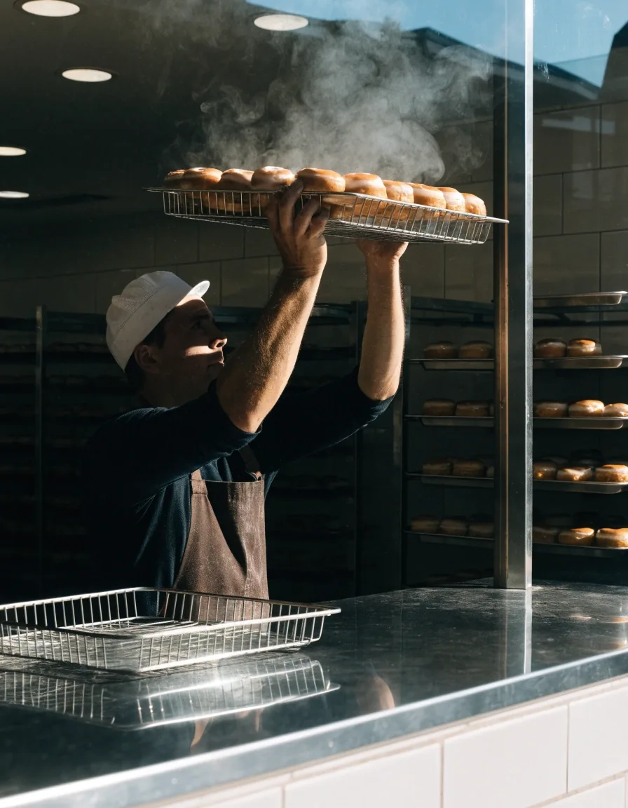 Doughnut glazing line with steam catching daylight as trays are lifted by hand