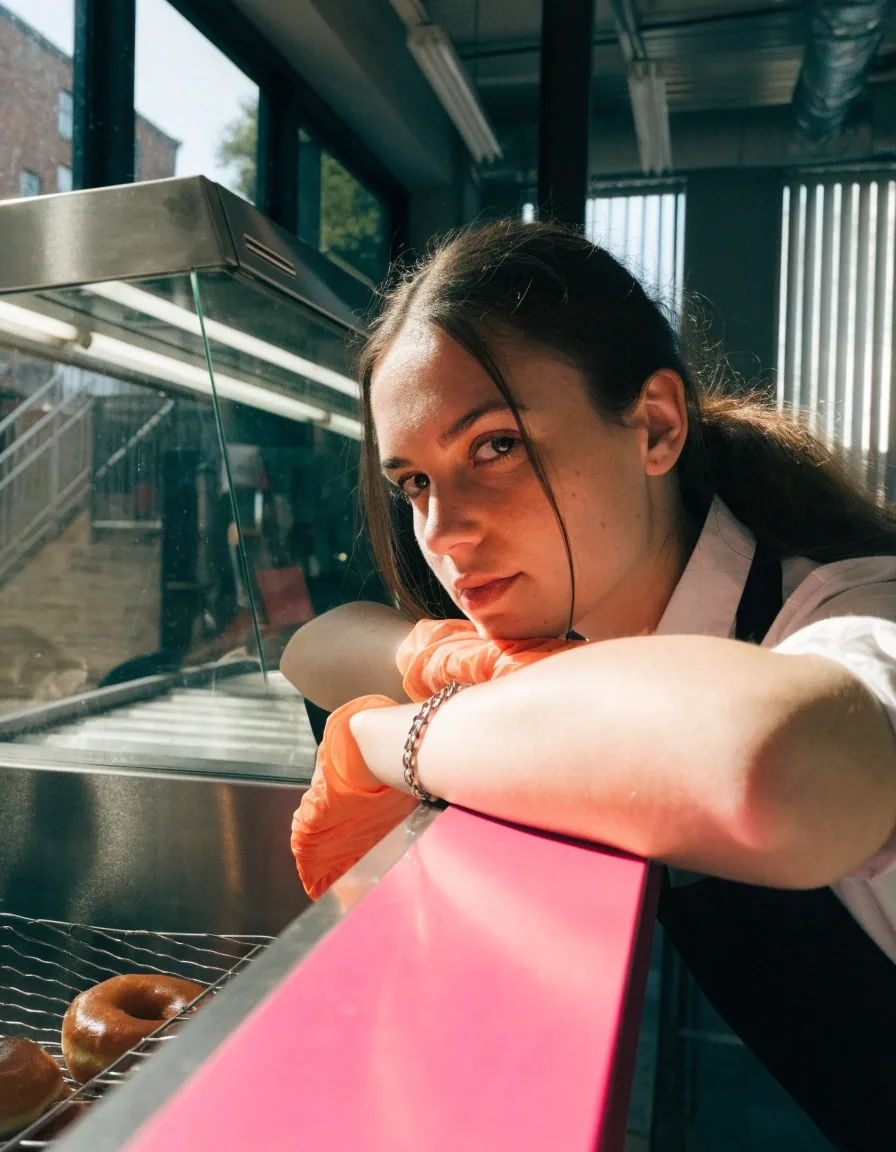 Service counter rail inside a doughnut shop at midday, trays of glazed doughnuts under a stainless glass case
