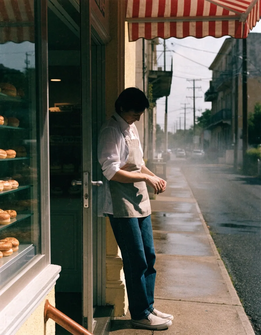 Small-town retail strip with a newly fitted striped awning on one storefront under hazy noon light