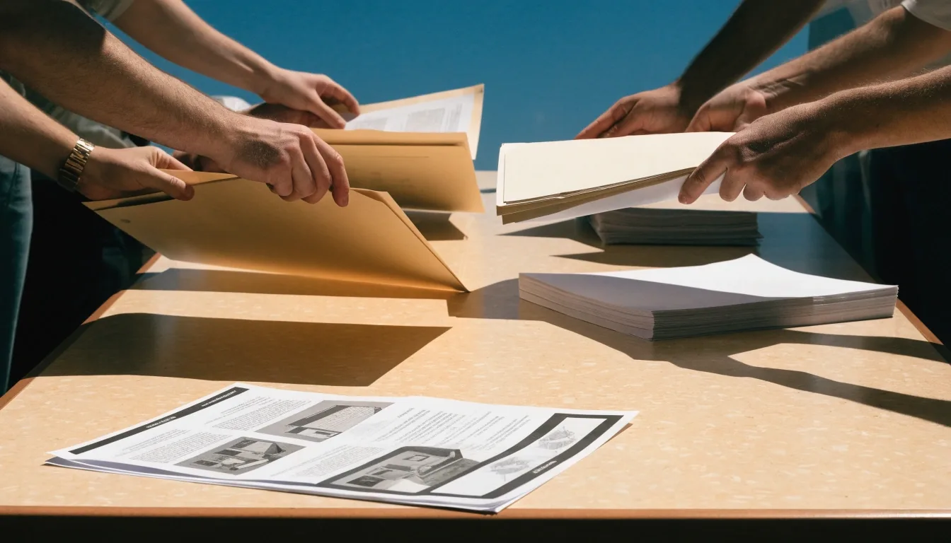 Hands of franchise operators reviewing paperwork across a signing table under noon window light