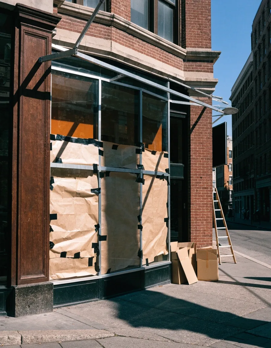 New storefront under construction on a Cincinnati retail corner at midday