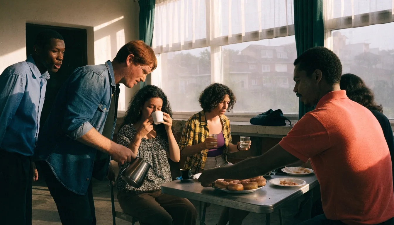 Neighbors gathered around a folding table in a bright community room at midday