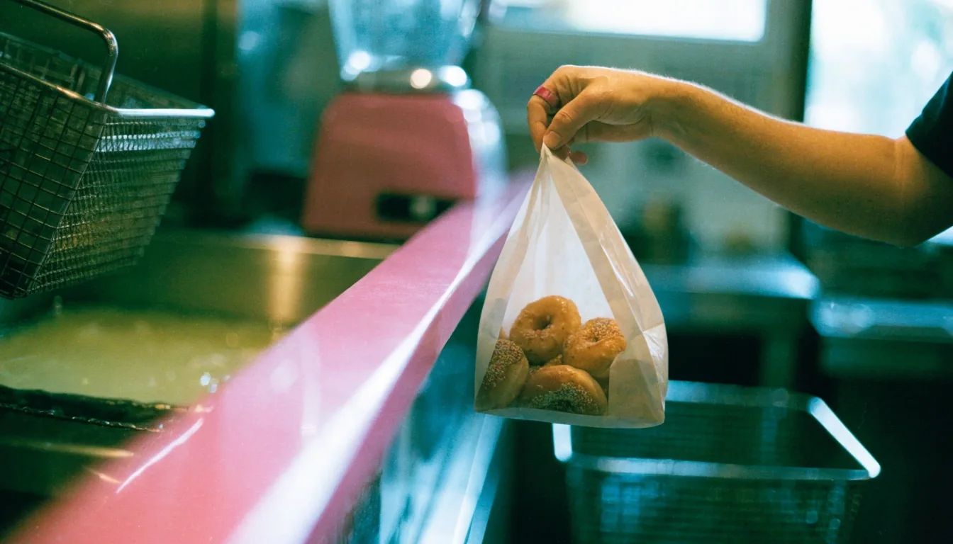 Service counter inside a Shipley Donuts shop at midday, pink counter rail crossing the frame