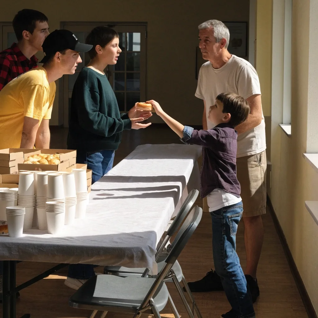 A neighborhood shop fundraiser table with volunteers and a family on a residential street
