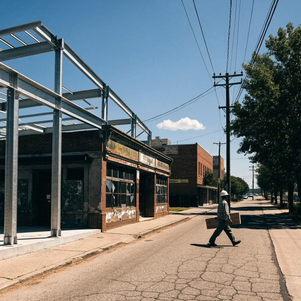 A ground-up retail unit under construction beside an older storefront at midday