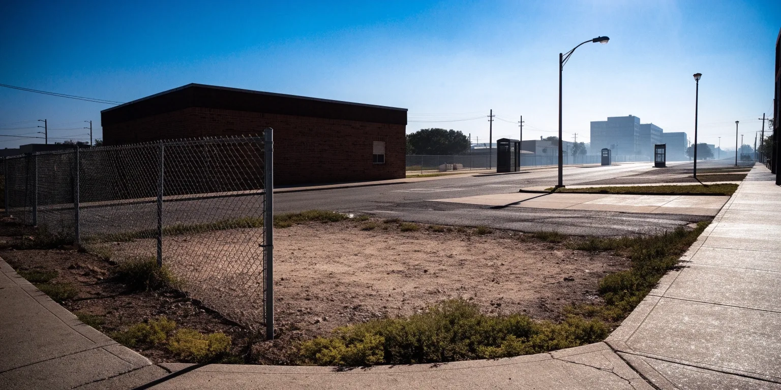 A vacant corner lot in South Dallas at noon, cleared for a ground-up retail build