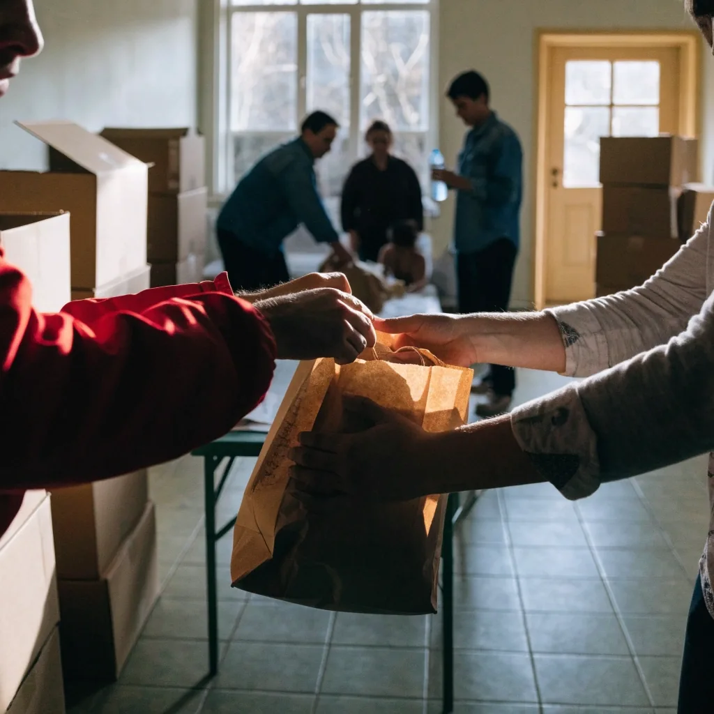 Volunteers handing over food at an indoor community hall