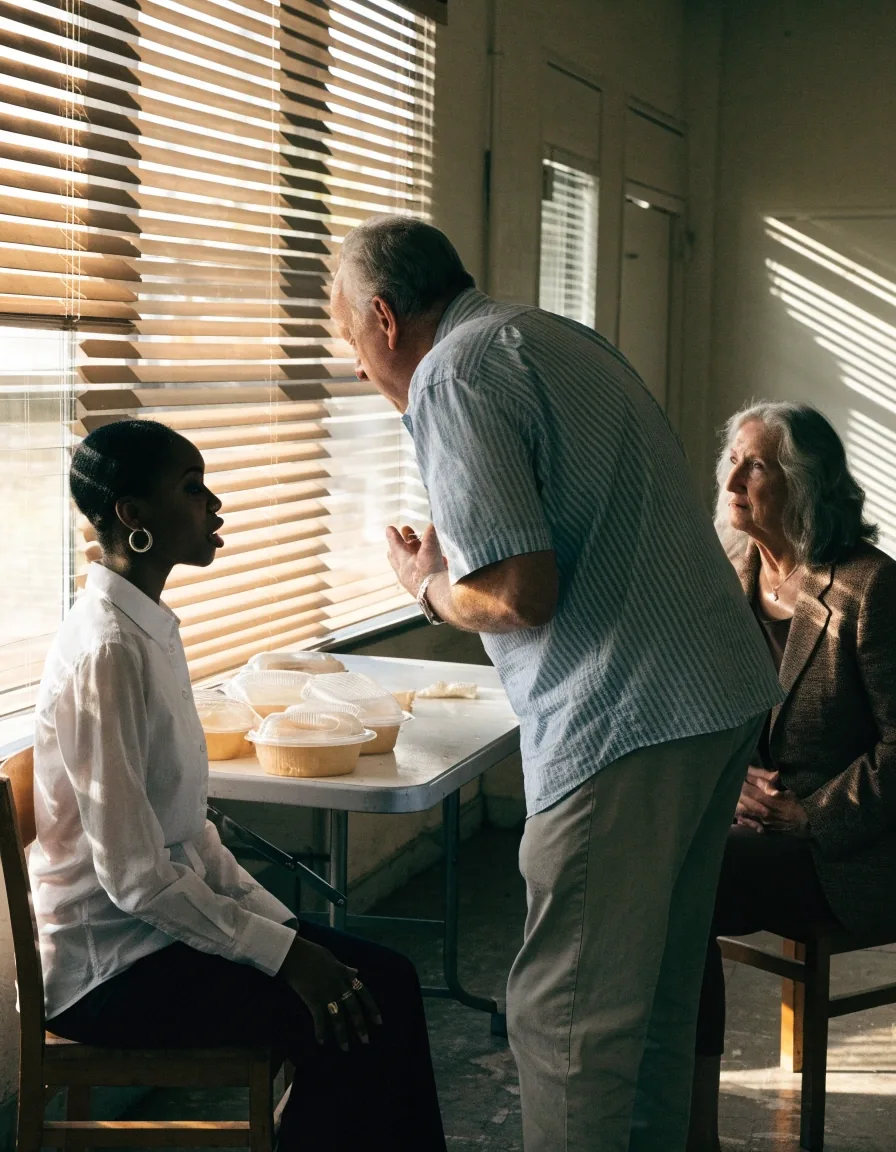 Volunteers setting up a folding-table community room in blinds-filtered noon light