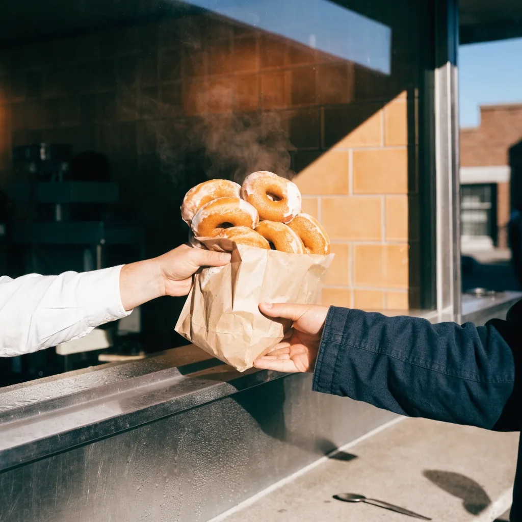 A paper bag of fresh doughnuts handed across a walk-up service window counter at noon