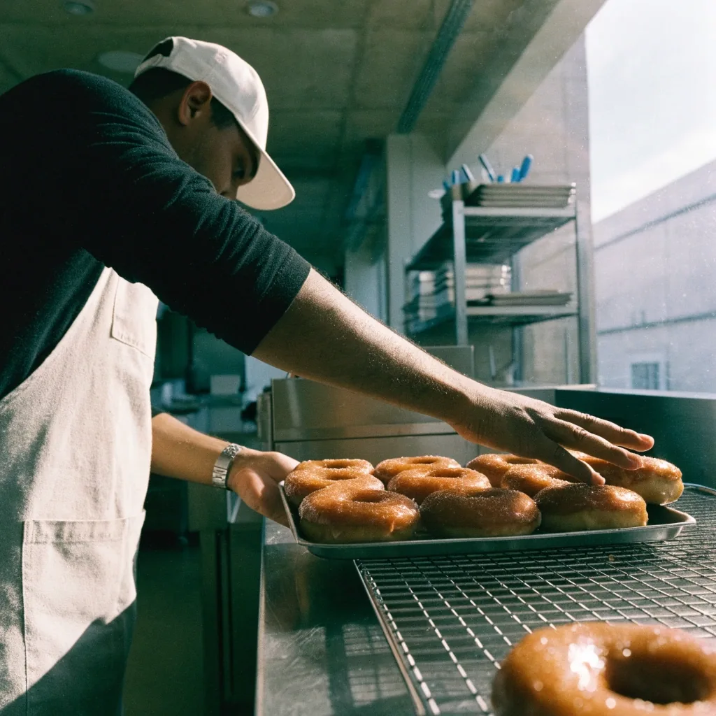 A cook sliding a tray of glazed doughnuts onto a rack in a doughnut shop kitchen at midday