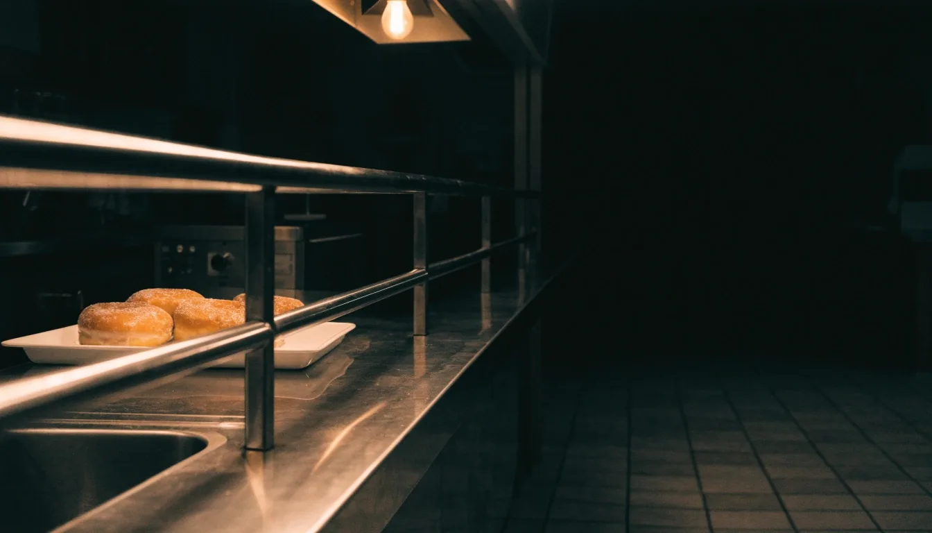 A quiet Shipley Donuts service counter at night, the long service rail crossing the frame under a single overhead light