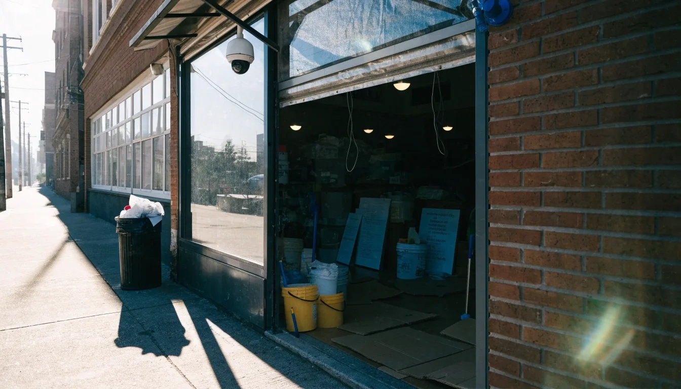A doughnut shop's glazed walk-up window during a refit, hard noon shadow crossing the pavement outside