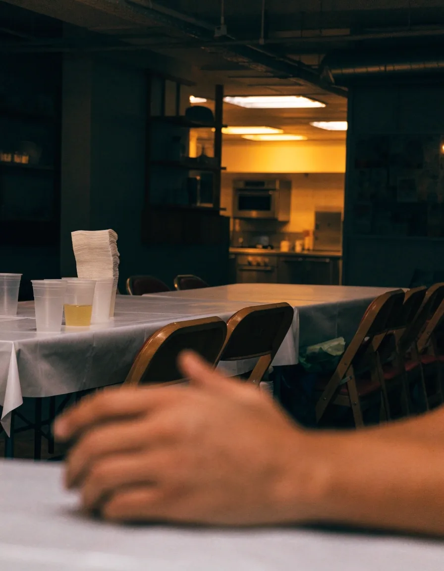 A community room at a doughnut shop set up for an evening meeting, folding tables and paper cups under warm light