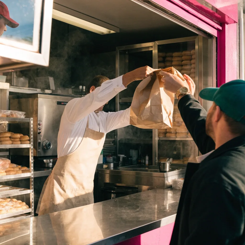 A hand passing a paper bag through a doughnut shop walk-up window at noon