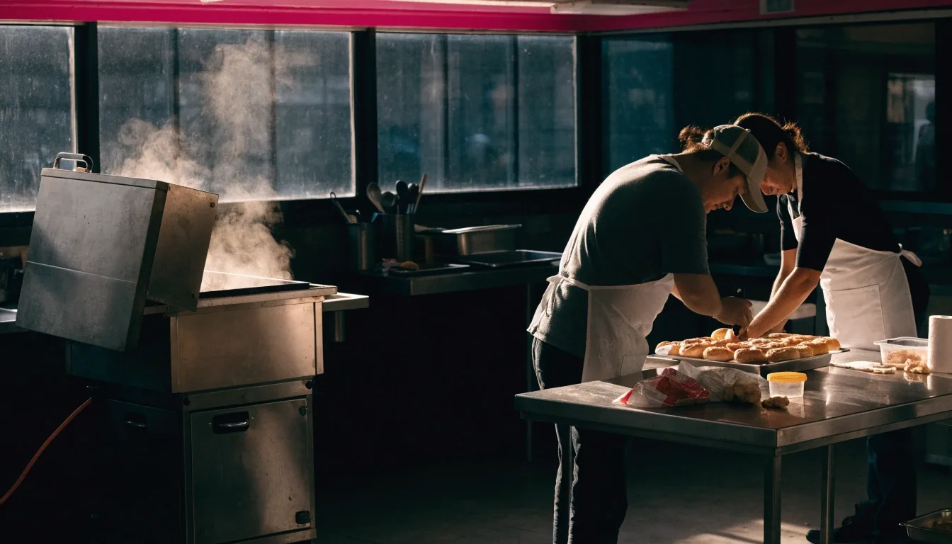 A shadowed doughnut shop service counter at noon with the pink counter rail crossing the frame