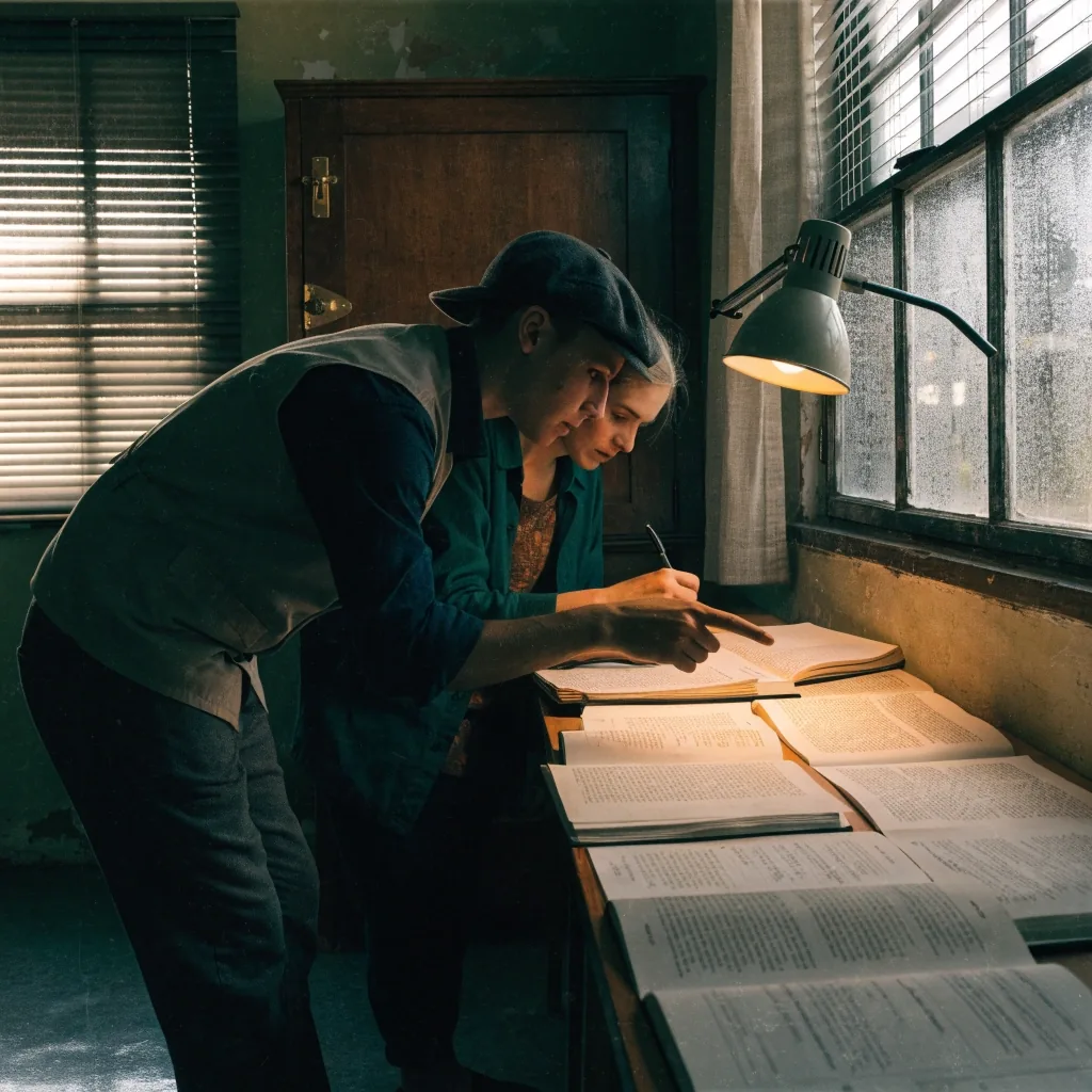 A quiet reading room with open notebooks on a table under a single lamp