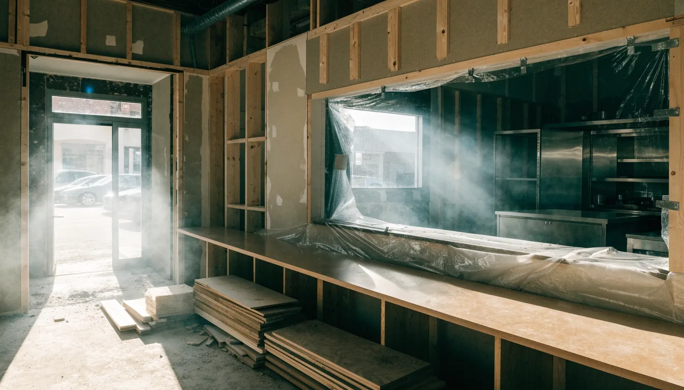 A half-built doughnut shop interior with exposed framing and a bare counter shell in noon light
