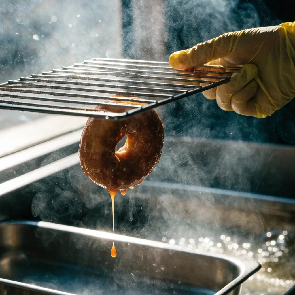 A gloved hand lifting a freshly glazed doughnut from a wire rack behind a doughnut shop counter