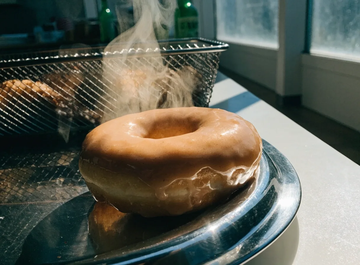 Close crop of a glaze tray and fryer basket with a glazed ring doughnut catching noon light