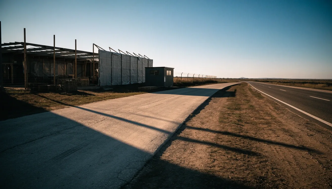A doughnut shop under construction beside a Texas highway frontage road in late afternoon light