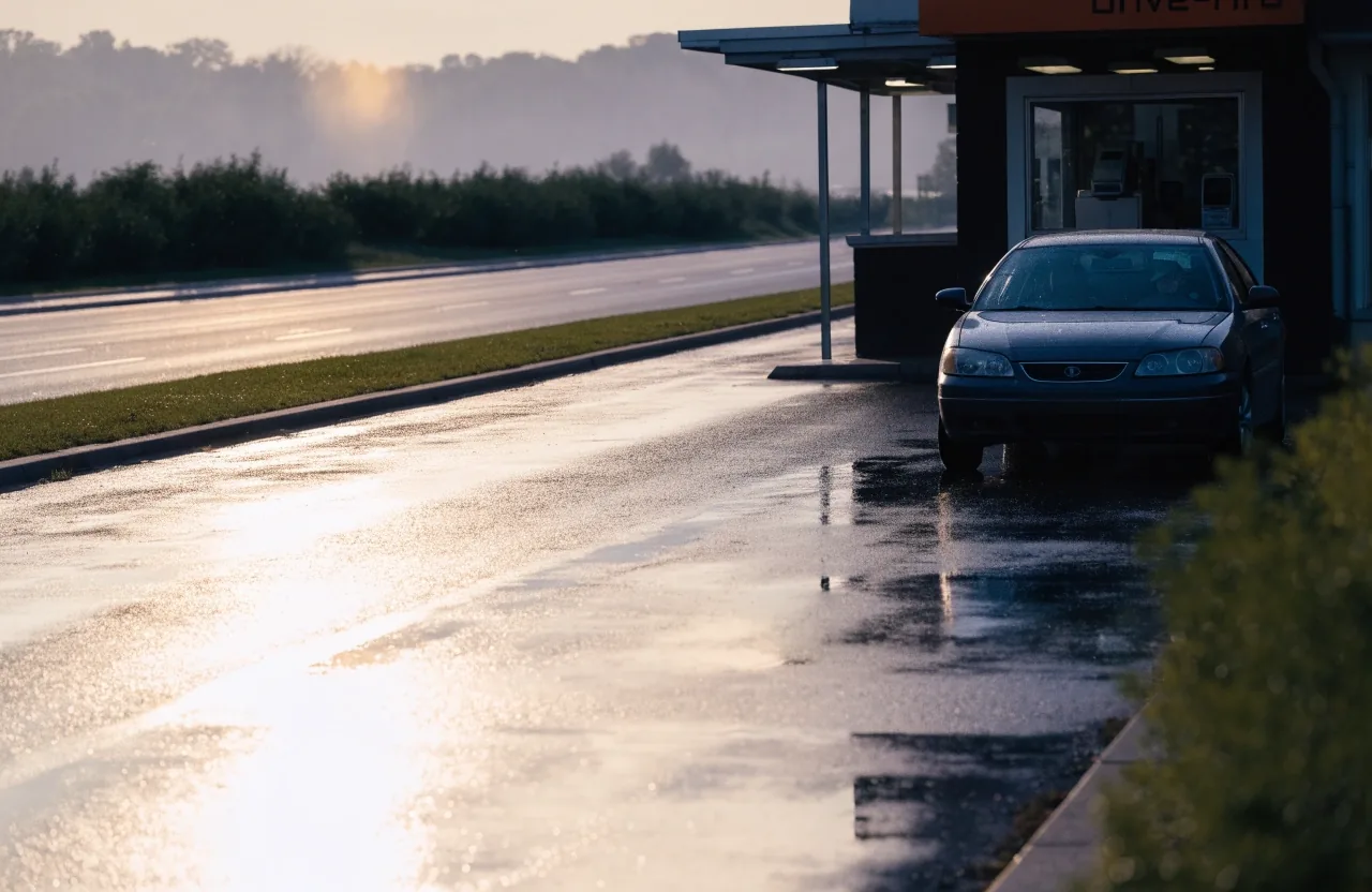 A small freestanding shop with a drive-thru lane on a Virginia roadside after overnight rain