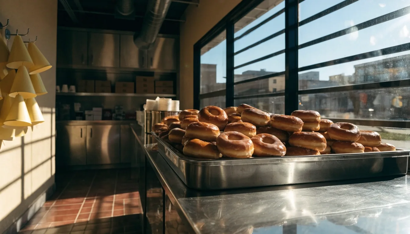 A newly opened doughnut shop interior with trays of glazed doughnuts under bright noon light