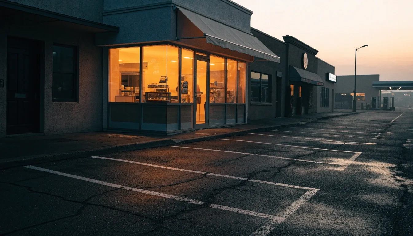 A newly built doughnut shop storefront on a small-town retail strip at dusk, interior lights on behind the glass