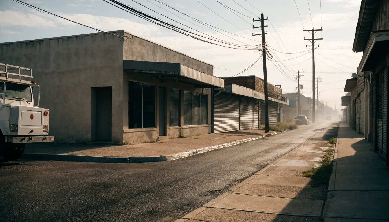 A new single-story retail building on a Louisiana commercial lot in humid morning haze