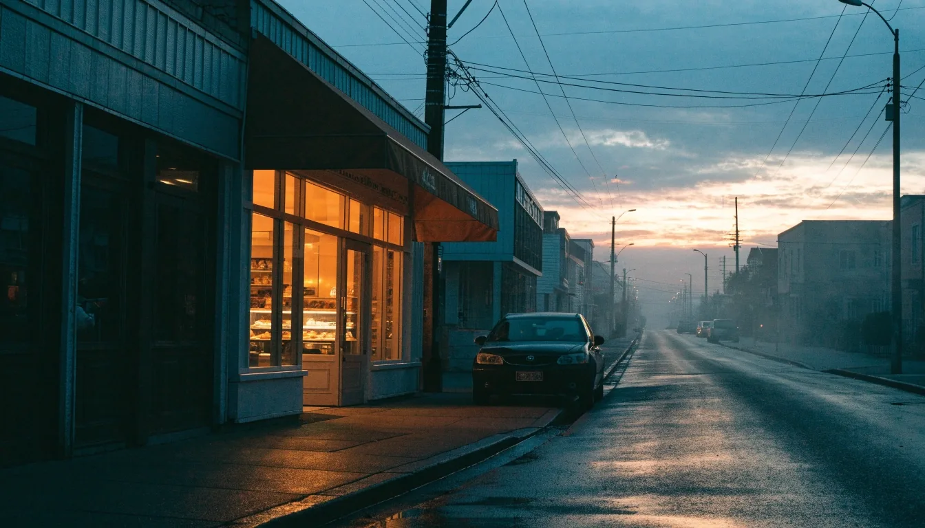 A small doughnut shop's front window glowing onto a wet sidewalk at dusk on an empty street