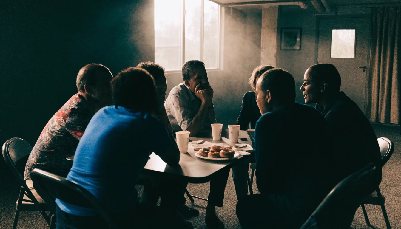 People seated around a folding table in a community room under noon window light