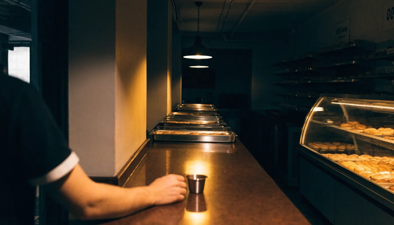 A doughnut shop counter photographed at night, lit by a single overhead light with the counter rail running along the horizon