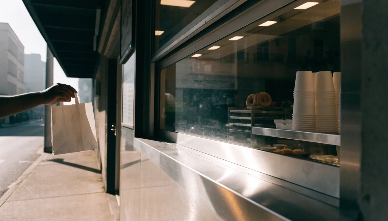 A hand passing a paper bag through a walk-up service window at midday, warm light spilling onto the pavement