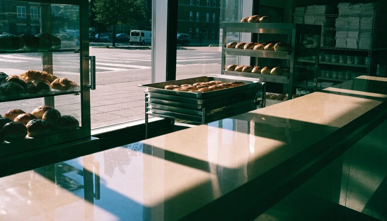 A brightly lit doughnut counter with a polished service rail running across the frame under noon daylight