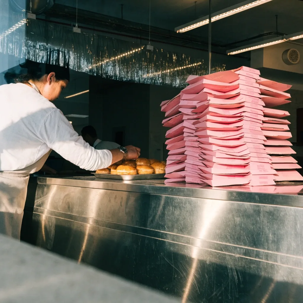 A doughnut shop counter before opening hours with glaze trays and empty boxes under warm interior light