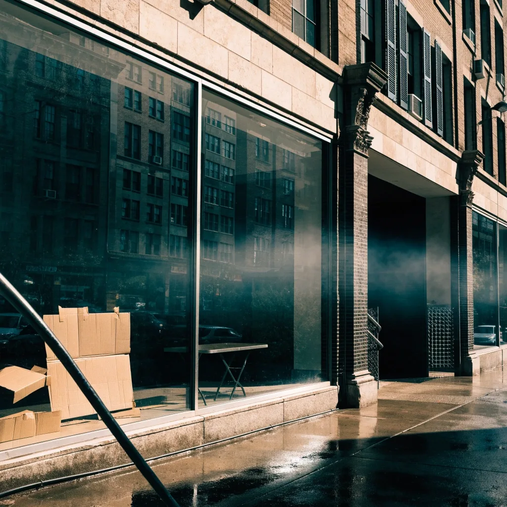 Empty newly leased retail unit on a Cincinnati commercial block with cardboard in the window