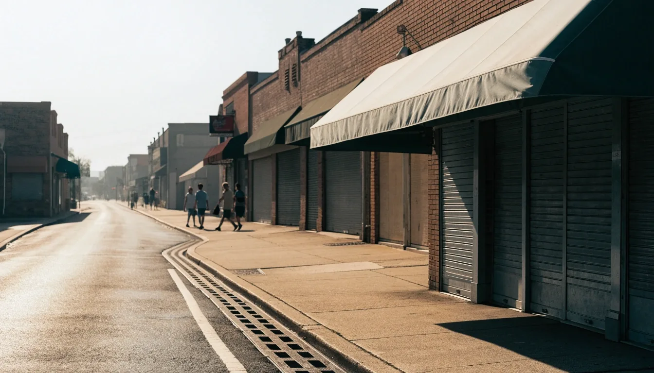 Small Midwest retail strip at noon with a new storefront and awning under humid haze