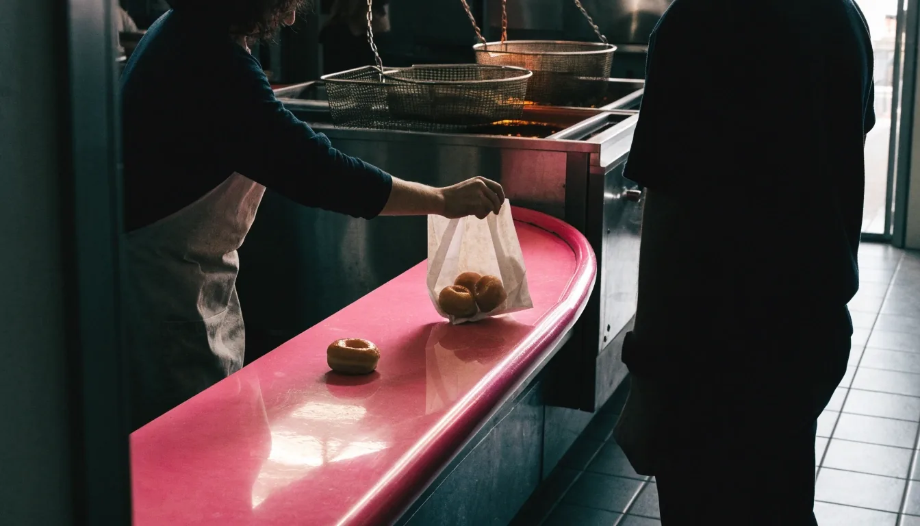 A Shipley Donuts counter at noon, the pink service rail crossing the frame under a single warm light source
