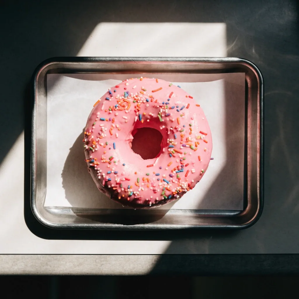 Close crop of a pink-glazed anniversary ring donut on a paper-lined tray