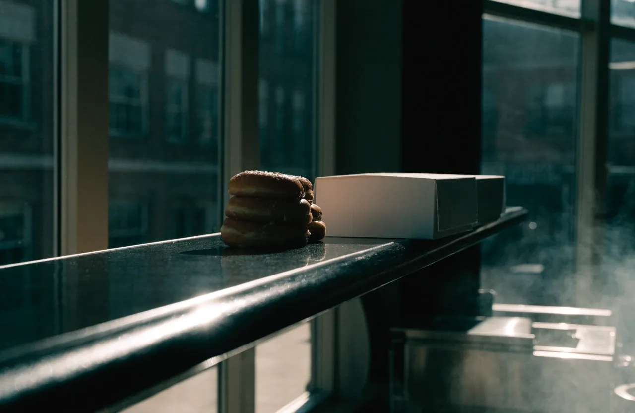 Dining room of a donut shop at noon with red vinyl booths and a shadowed counter beyond