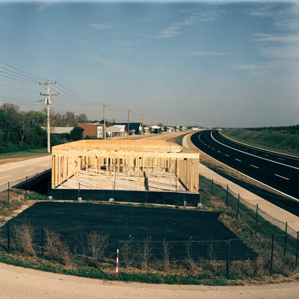Highway frontage in Central Texas where a new Shipley Donuts building is being framed