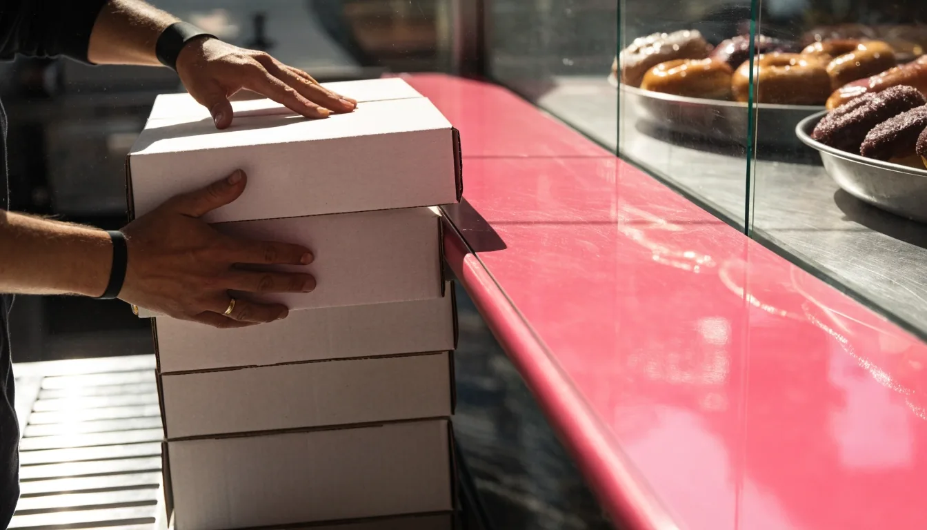 Pink service rail running across a Shipley Donuts counter under noon light