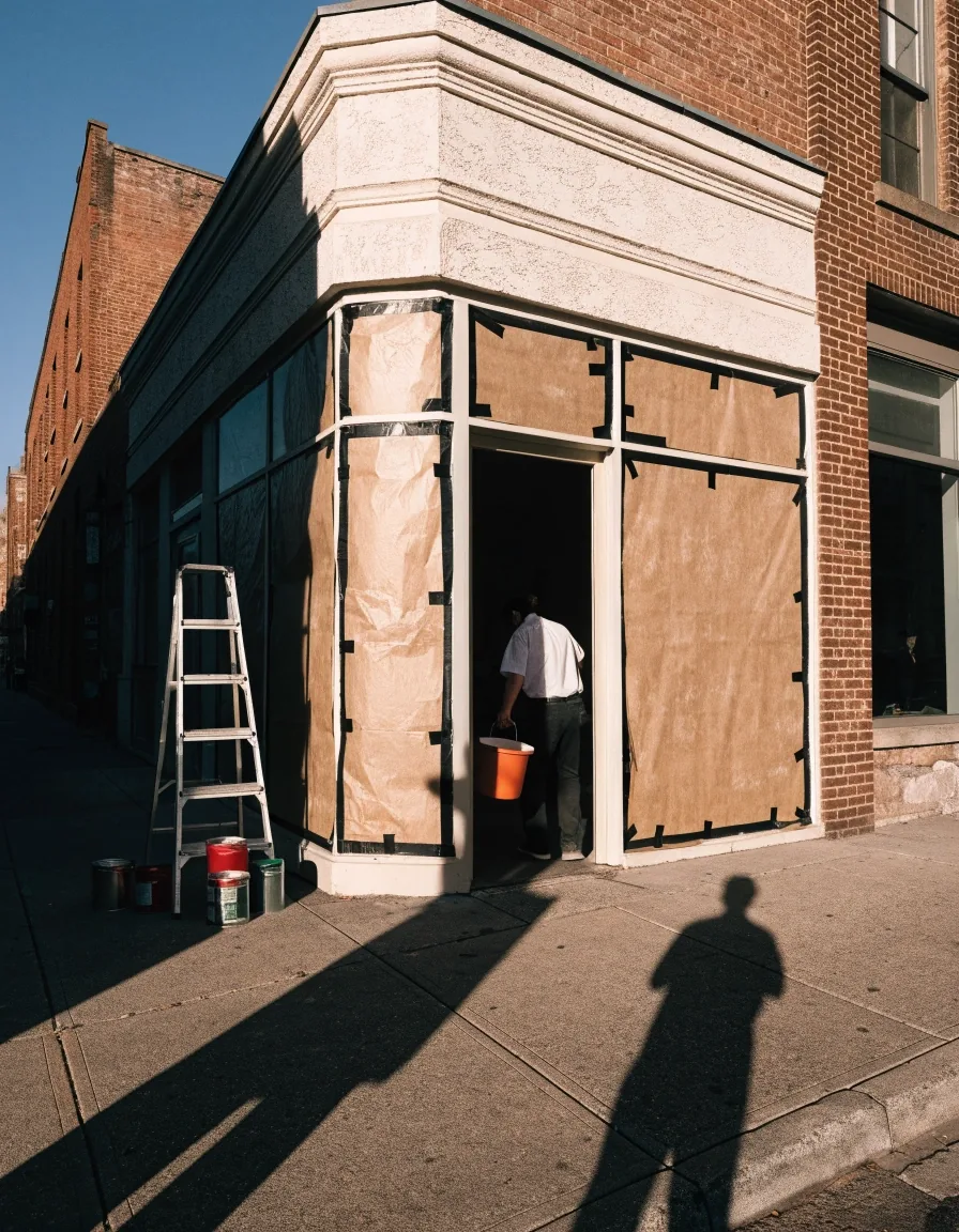 A small doughnut shop interior mid-conversion with a stripped counter and bare walls
