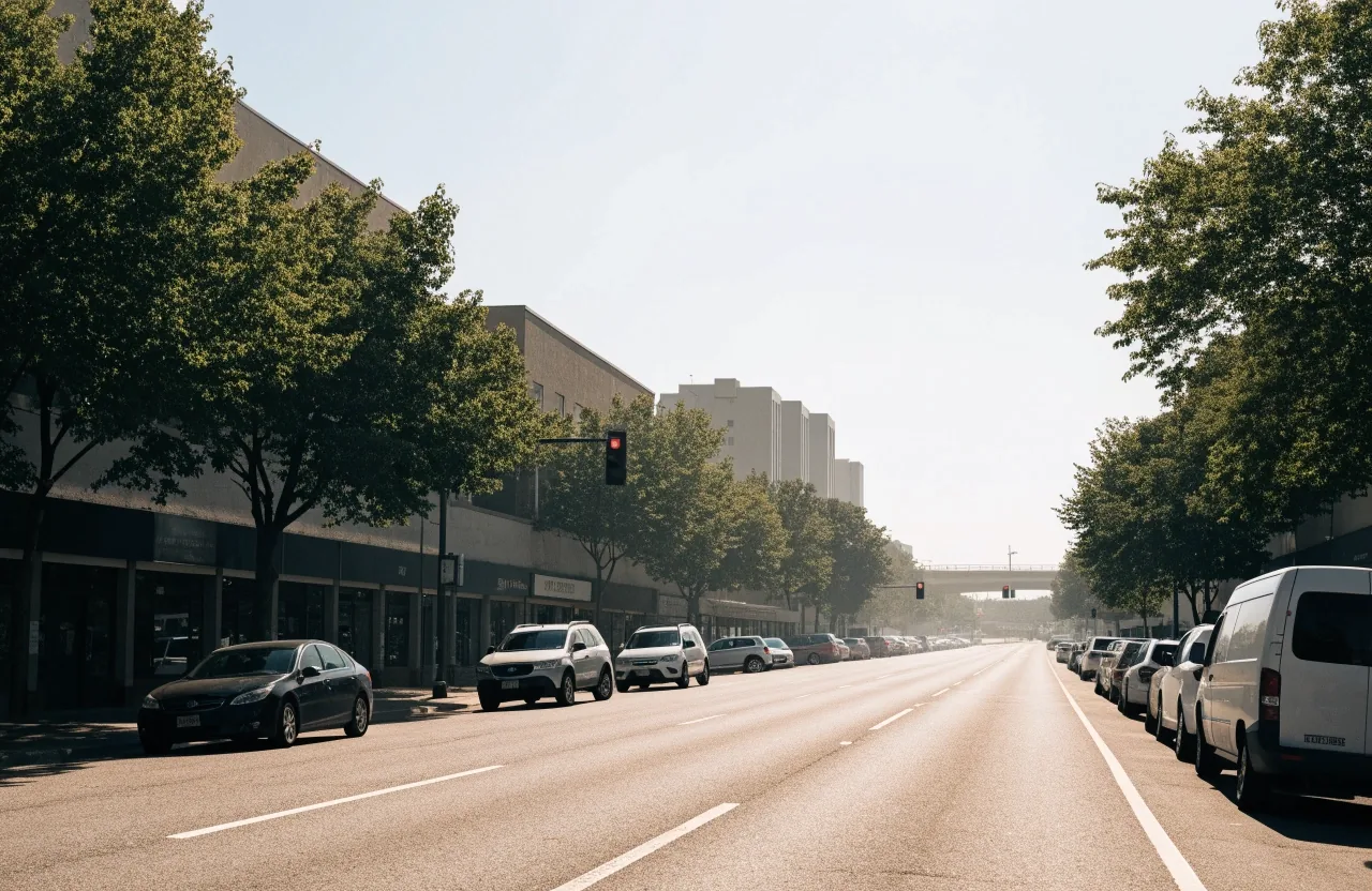 A suburban Oakland County retail strip with parking along a wide arterial road