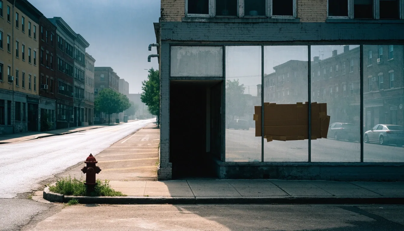 An empty Detroit corner commercial unit with cardboard taped inside plate glass at noon