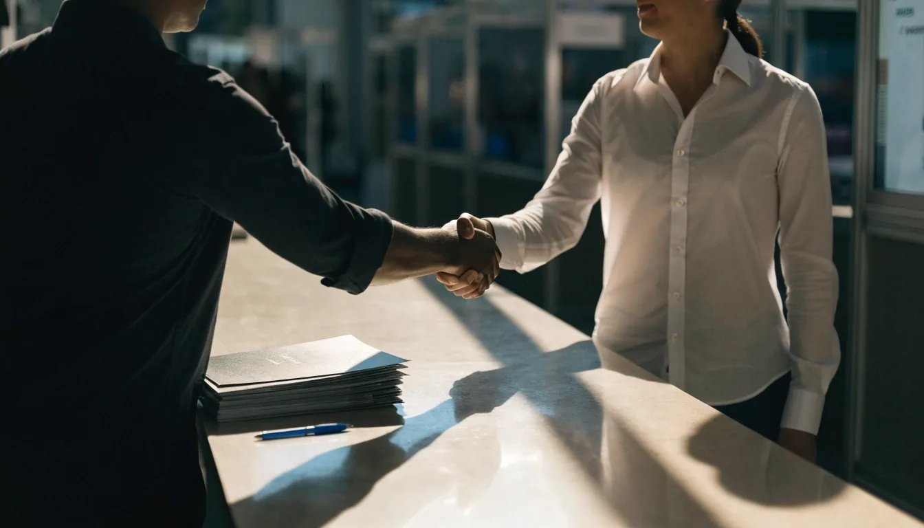 Hands and folders on a franchise signing table lit by noon window light